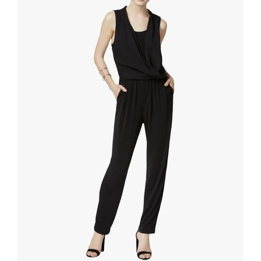 bar III Black Sleeveless Draped Faux Wrap Jumpsuit Elastic Waist‎ XS